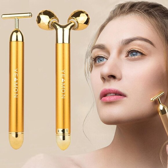 2 in 1 Face Massager Golden Facial Electric 3D Roller and T Shape Arm Eye Nose M - Picture 1 of 6